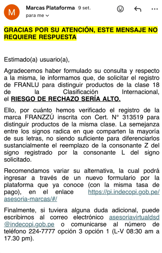 Respuesta de INDECOPI por correo: compara la marca consultada con una sola marca registrada y concluye que el riesgo de rechazo sería alto